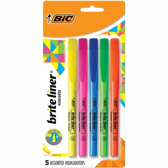 BIC Brite Liner Highlighters, Chisel Point, Assorted Colors, 5 Count