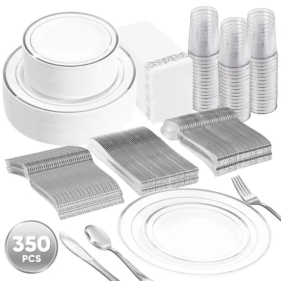 Daluvenix 350 Silver Plastic Dinnerware Set for 50 Guests