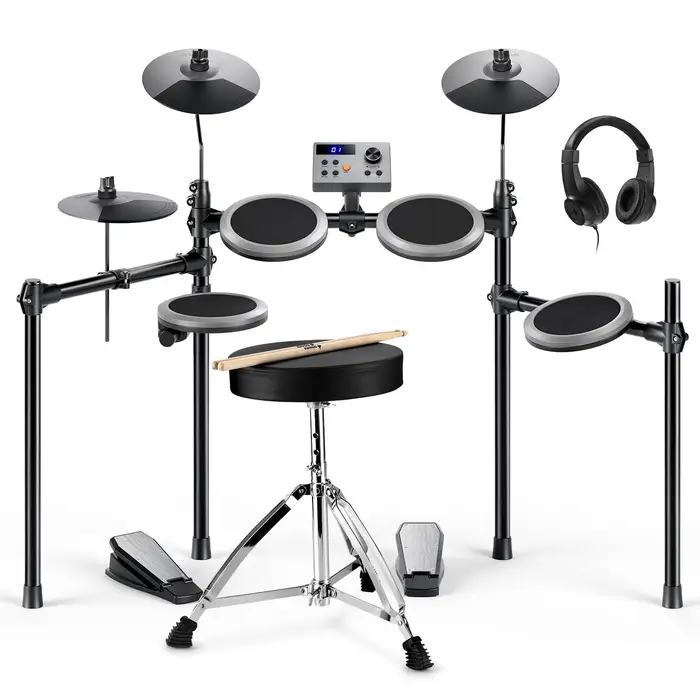 Donner Electric Drum Set for Beginner, Kids Electronic Drum Set with Type-C Charging, 4 Quiet Pads, 150 Sounds and 15 Kits, Throne, Lessons, Colorful