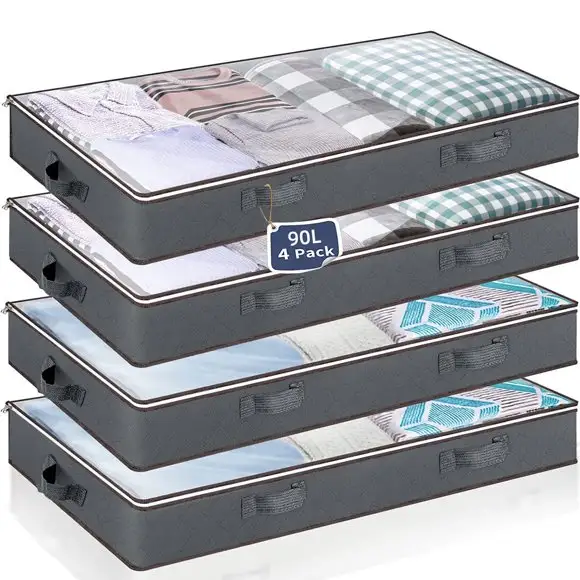 OVINESY Under Bed Storage Containers 4-Pack, Underbed Storage Bins for Clothes, Shoes, Blankets, Under the Bed Organizer with Clear Top, Sturdy Handles & Foldable Design